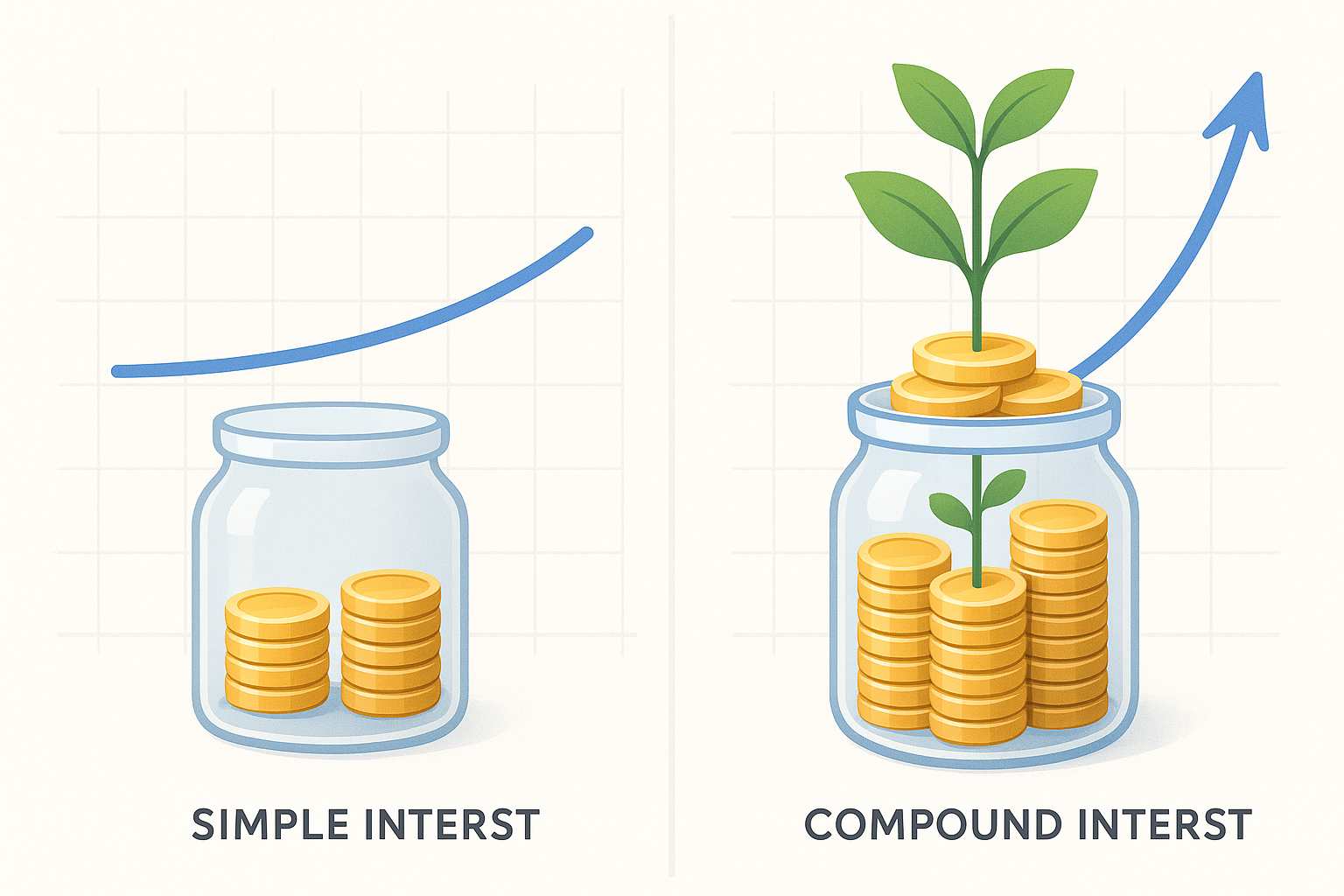 Comparison of simple versus compound interest growth