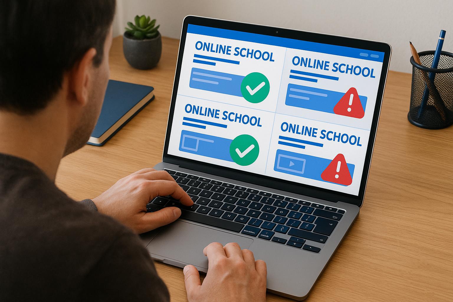 Reviewing online school websites with green checks and red warnings