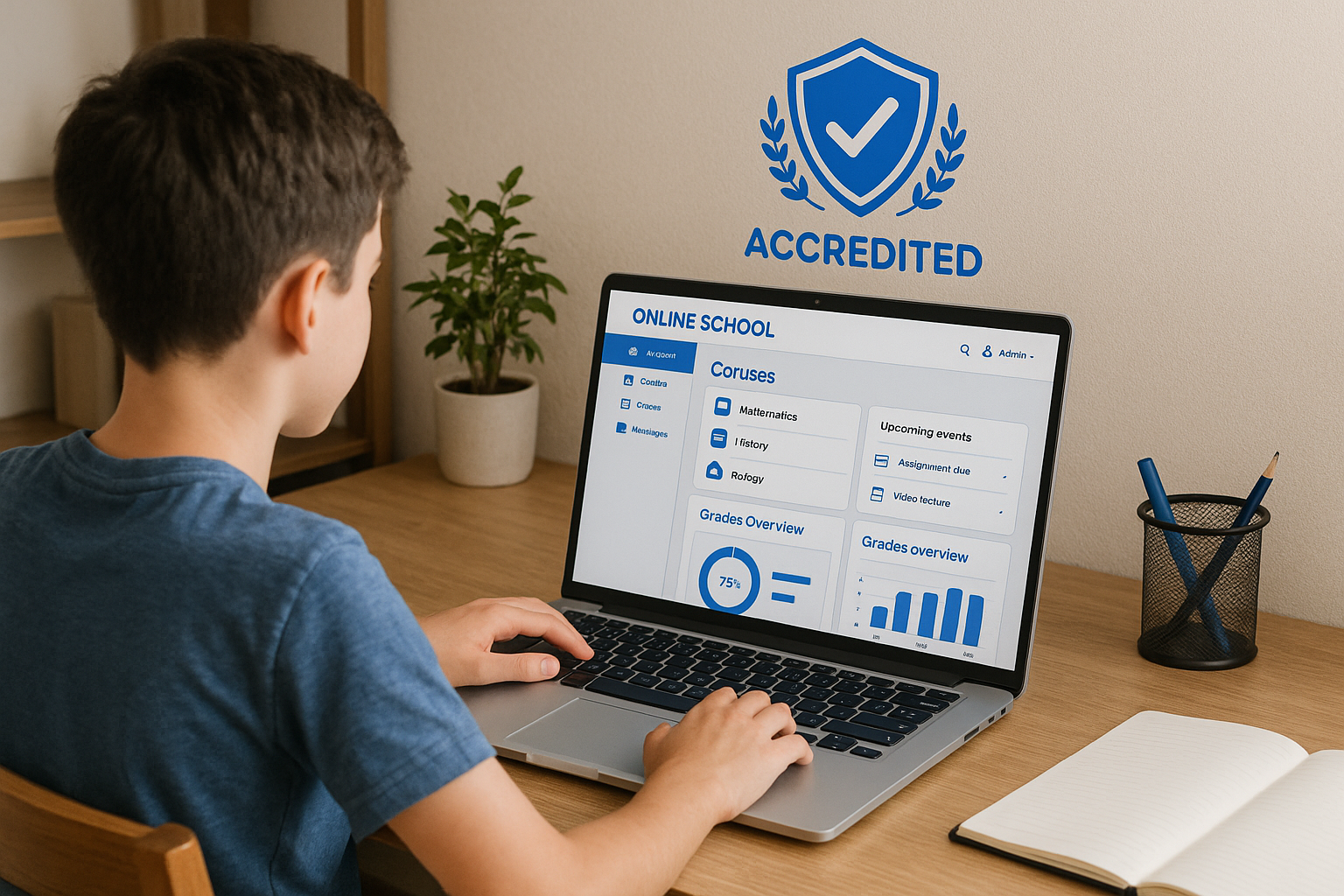 Student at home using online school dashboard with accreditation badge