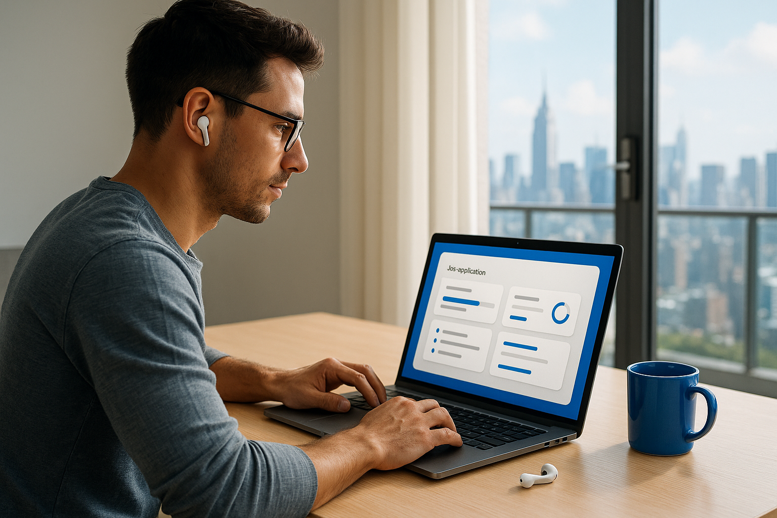 Adult learner reviewing a job application dashboard.