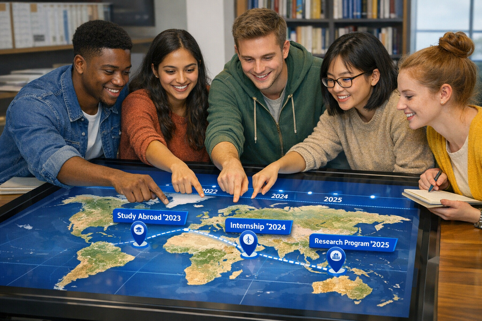 Diverse students plan international academic timeline on digital world map table