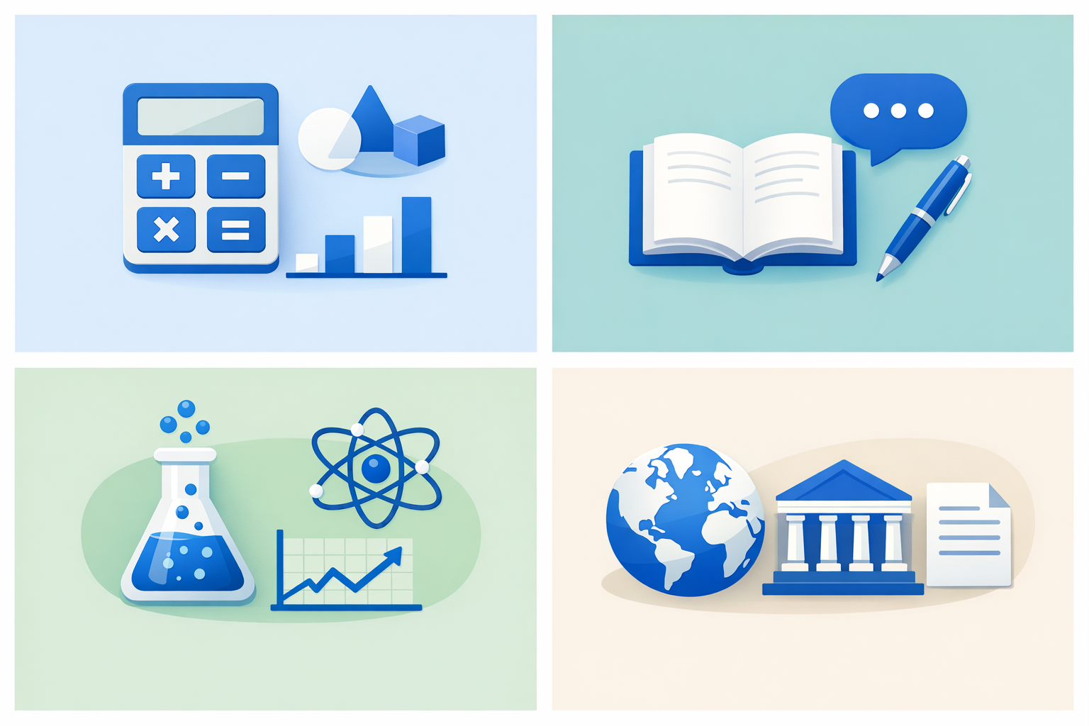 Quadrant illustration of GED subjects: math, language arts, science, social studies